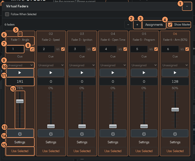 Virtual Faders panel, Assignments expanded