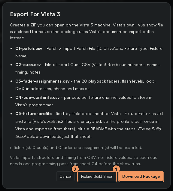 Export For Vista 3 dialog
