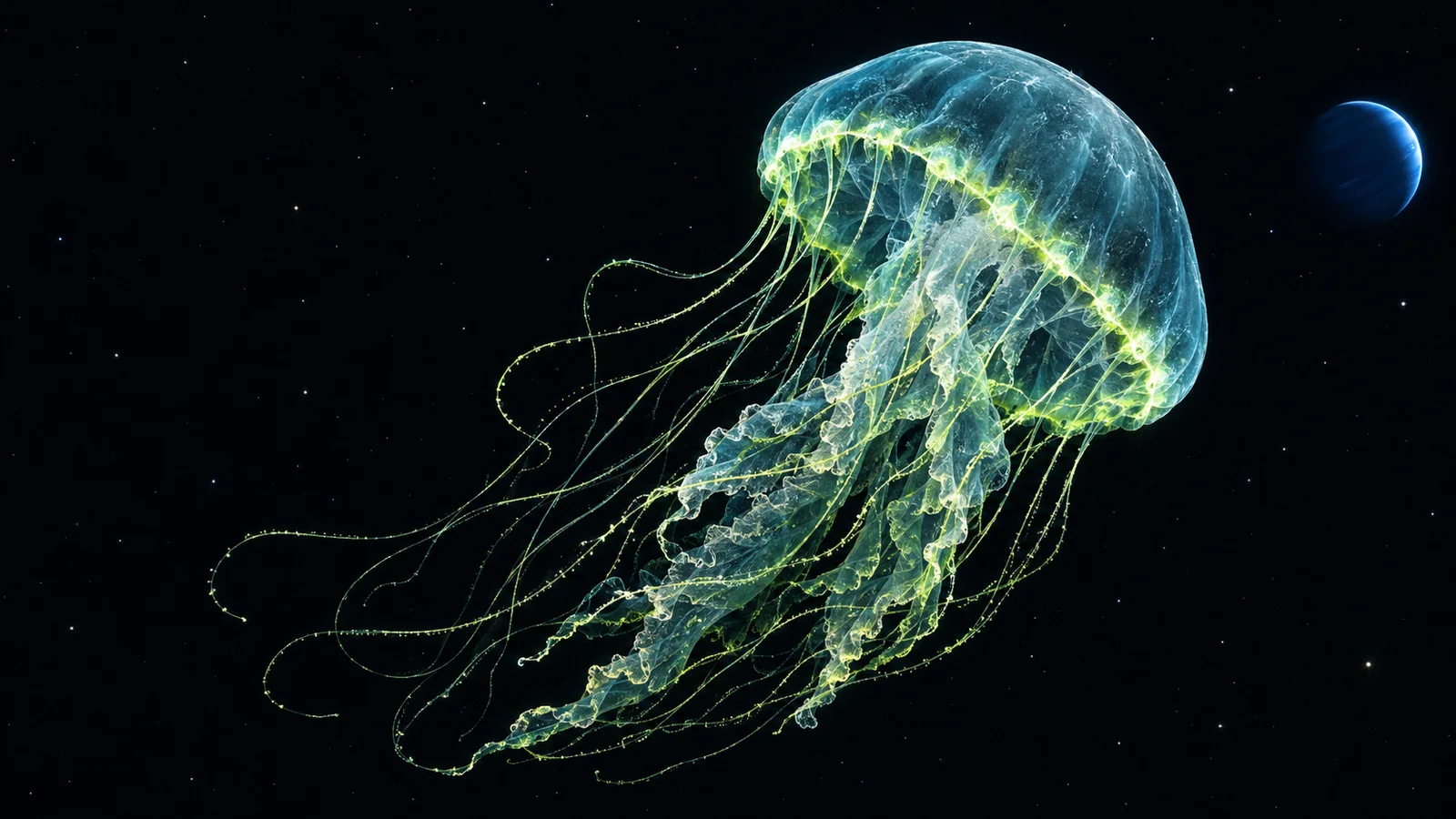 Conceptual illustration of a luminous jellyfish beside a distant blue planet